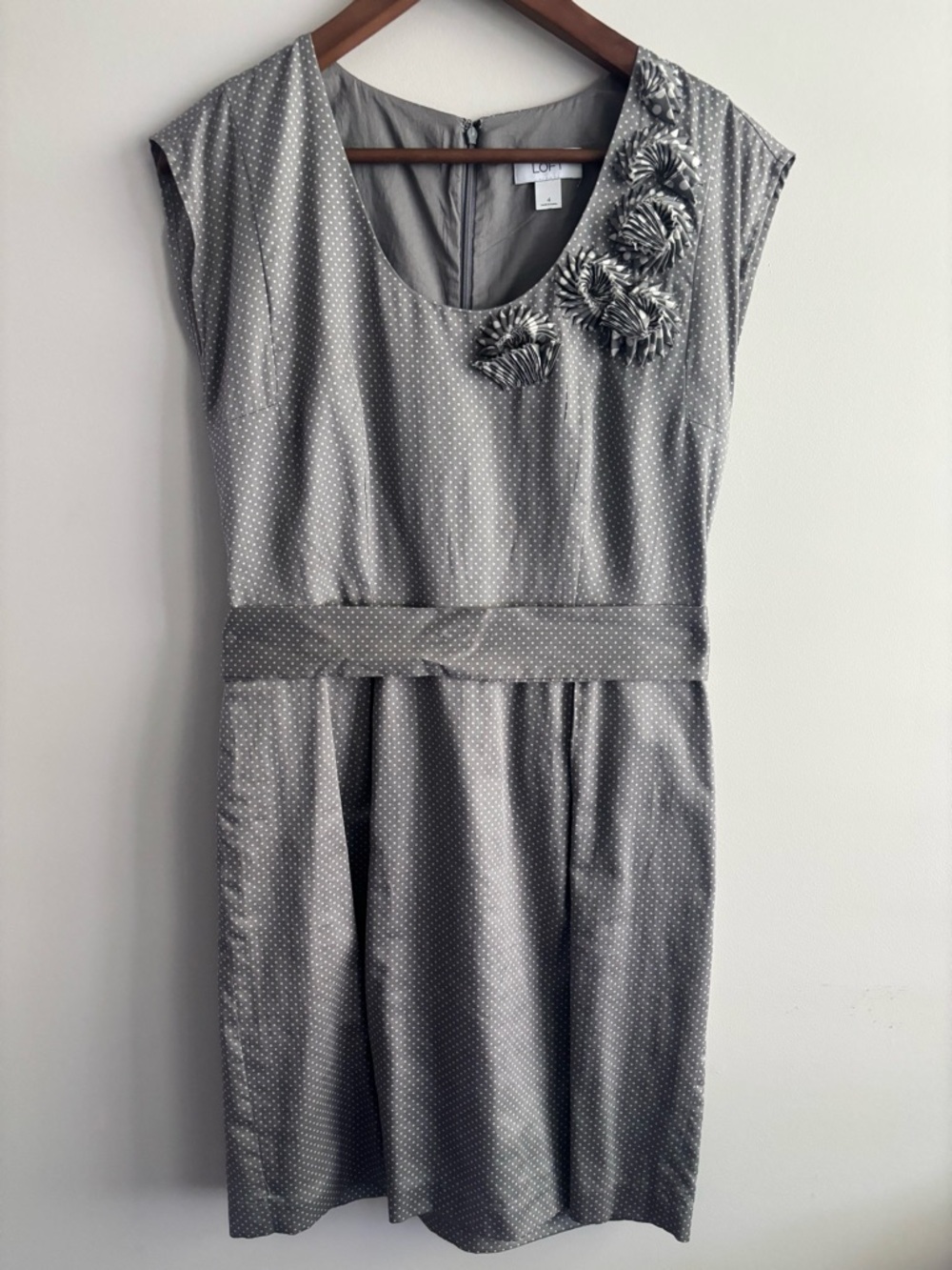 LOFT Gray Polka Dot Dress with Appliqués